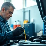 Change 5w30 oil synthetic in a professional automotive workshop by a mechanic.