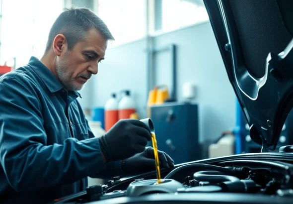 Change 5w30 oil synthetic in a professional automotive workshop by a mechanic.