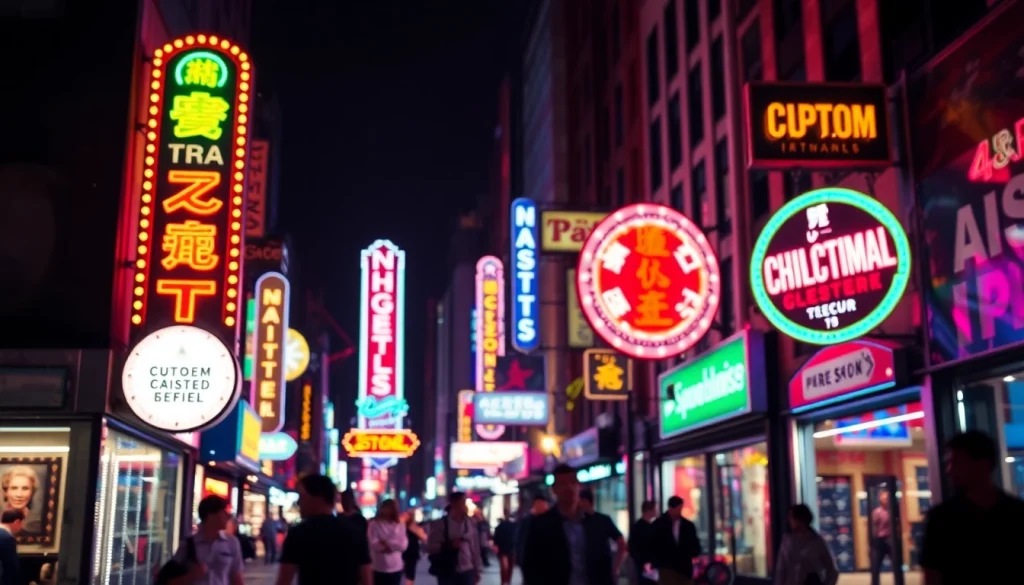 Showcasing vibrant electrical signs in a lively cityscape at night, highlighting custom neon designs.