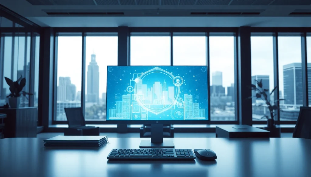 Visualize agentic AI in a dynamic modern office showcasing advanced technology and innovative solutions.