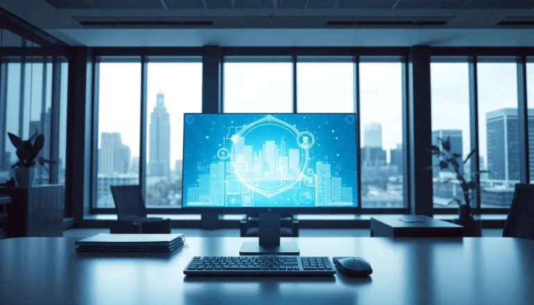 Visualize agentic AI in a dynamic modern office showcasing advanced technology and innovative solutions.