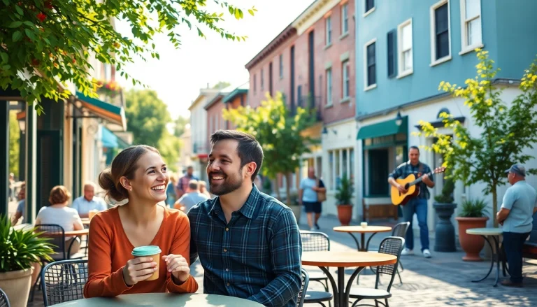 Clarksburg's lively street scene, featuring people enjoying cafes and local musicians.