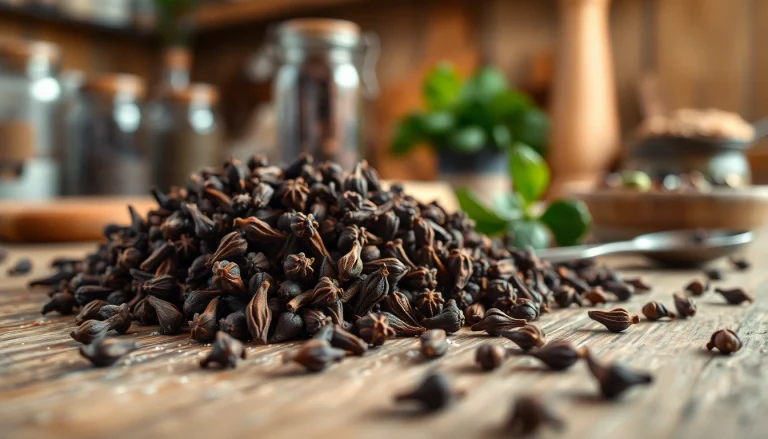 Cloves displayed in a cozy kitchen setting highlighting their rich color and texture.