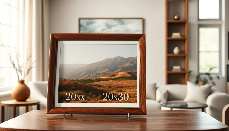 Showcase a 20x30 frame with a vibrant landscape photograph in a stylish living room.