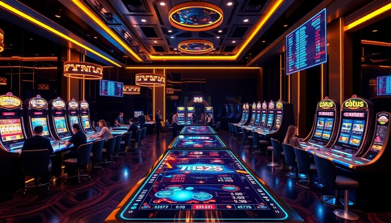 Engaged players enjoying internet casinos in a vibrant, high-tech gaming lounge.