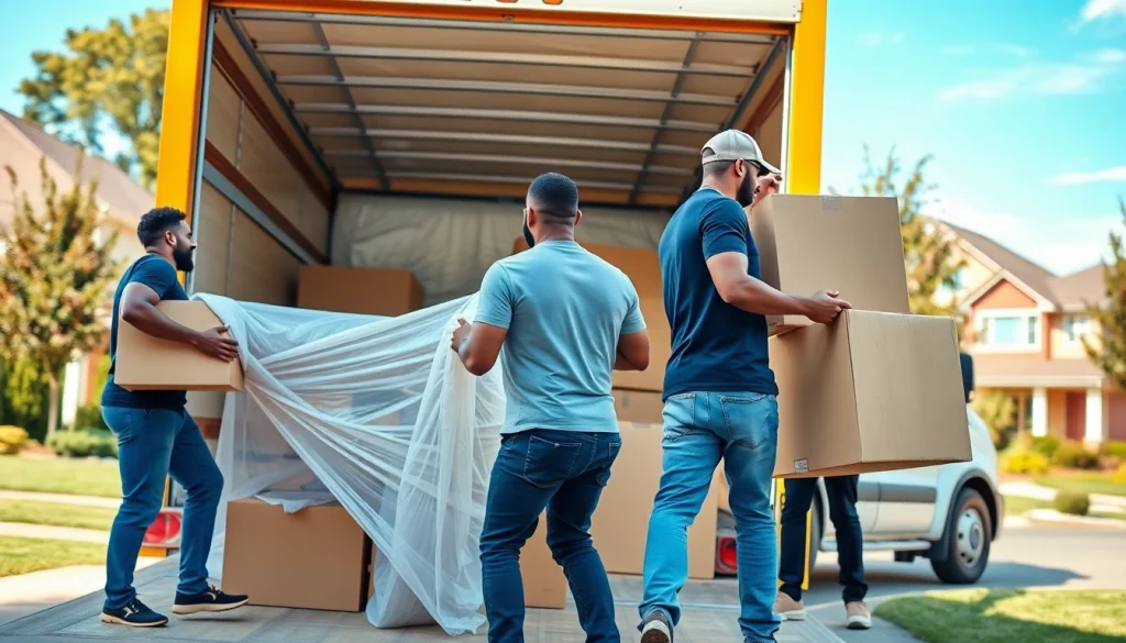 Canadian movers expertly packing and loading furniture into a truck in a residential area.