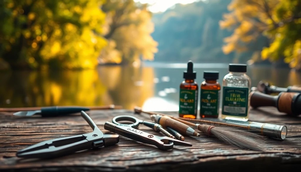 Showcase of fly fishing accessories including nippers and floatant on a rustic table