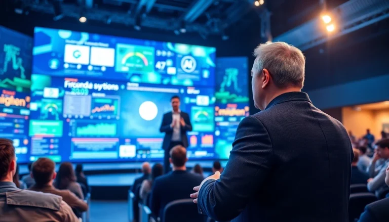 Engaging ai presentation delivered by a confident speaker on a modern digital stage.