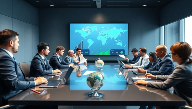 Discussing trade agreements in a vibrant business meeting with a global trade map background.