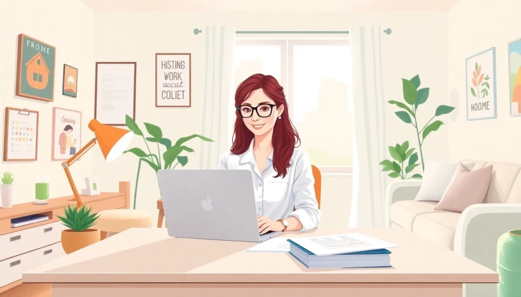 Professional woman working from home in a bright and cozy office setting.