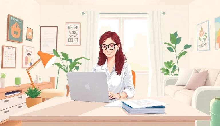 Professional woman working from home in a bright and cozy office setting.