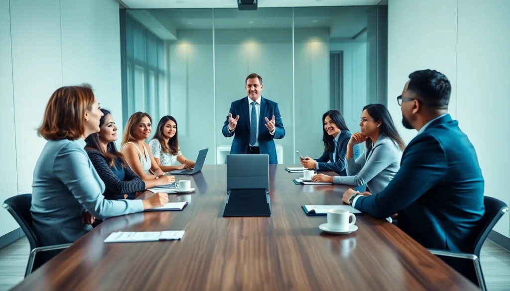 Engaged individuals in a professional business coaching service session, focusing on collaboration and learning.