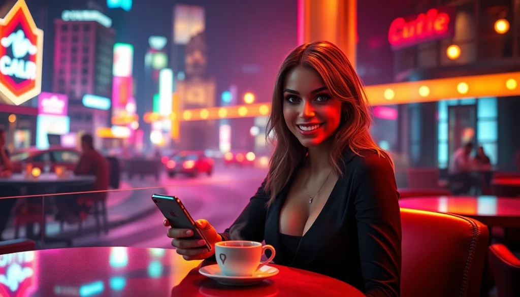 Engage in sexy ai chat with an alluring AI character against a vibrant nightlife backdrop.
