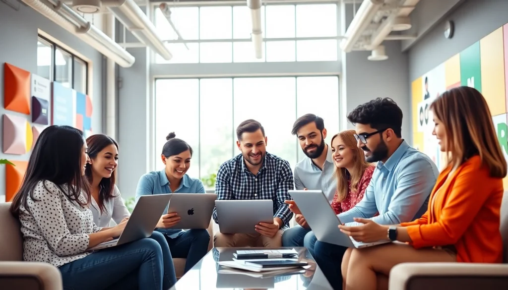 Creative team at a social media agency working together in a vibrant office space.