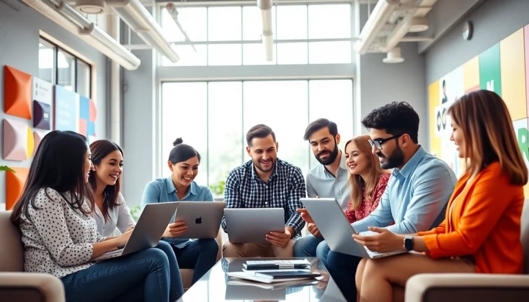 Creative team at a social media agency working together in a vibrant office space.