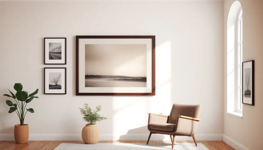 Display a 20x30 frame elegantly positioned with artistic content, surrounded by a cozy interior.
