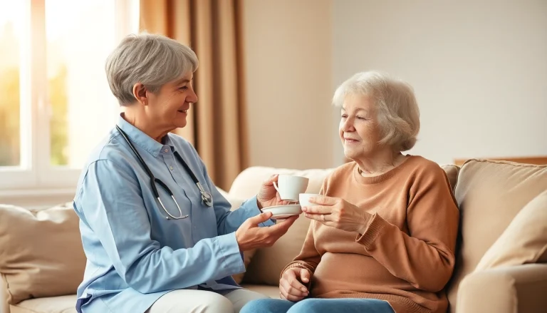 Engaging scene of austin senior home care highlighting a caregiver assisting an elderly client.