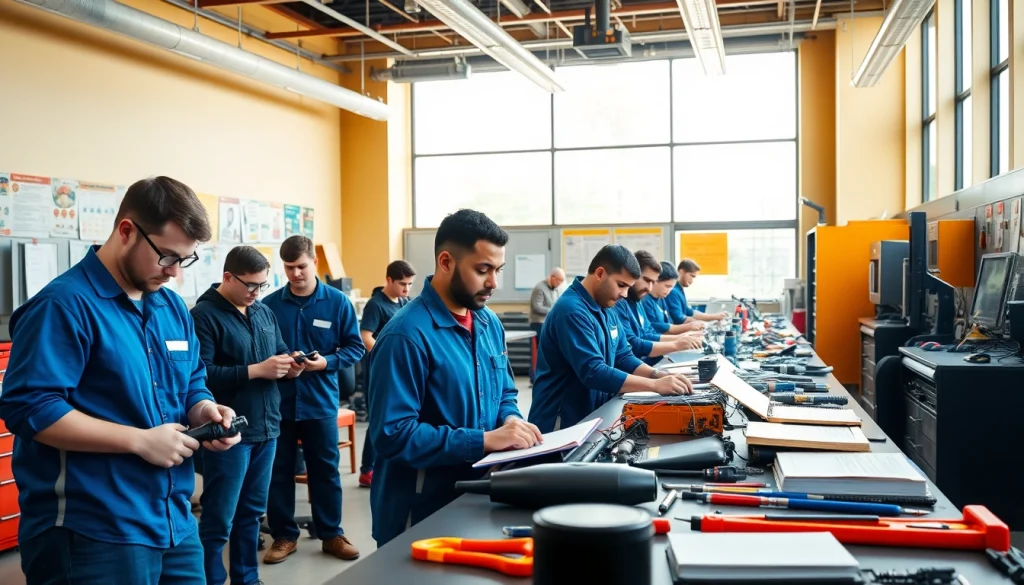 Students at a trade school in Knoxville, TN, engaged in hands-on learning with tools and technology.