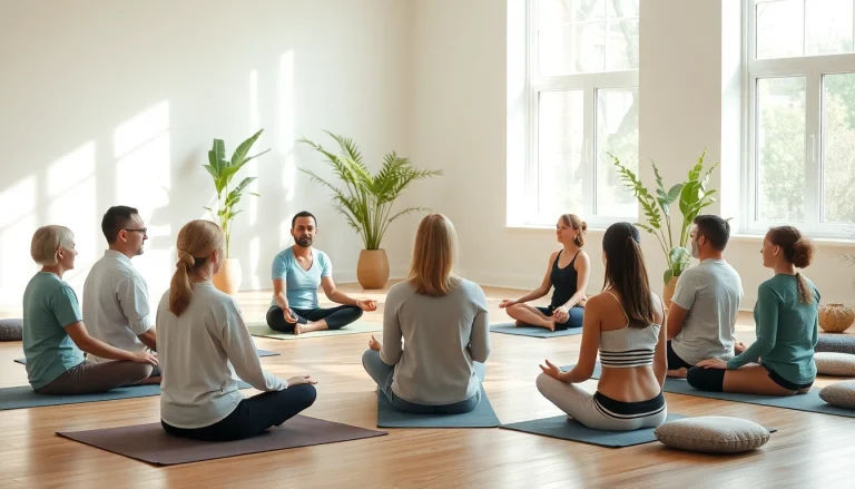 Mindfulness Coach UK leading a serene session with a diverse group of clients in a calming studio.