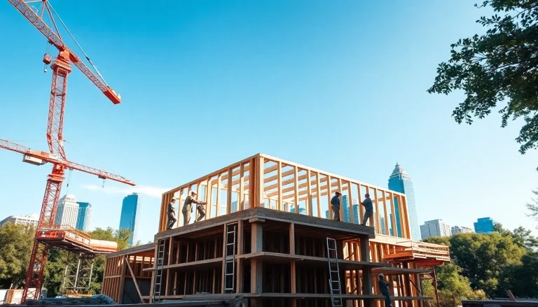Workers engaged in Austin construction activities at a vibrant site with cranes and the city skyline.