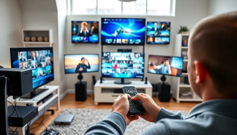 Test different IPTV lines showcasing vibrant content on multiple screens.