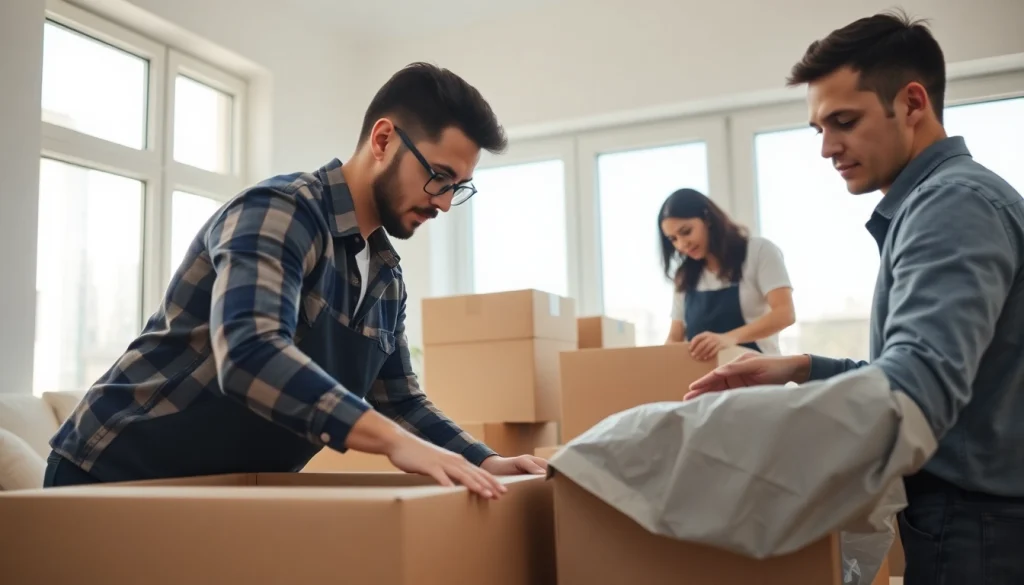 Efficient moving team from Umzugsfirma Erlangen packing boxes in a bright, organized living space.