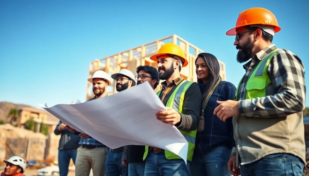 Contractors collaborating at a Southern California construction site, showcasing teamwork and progress.