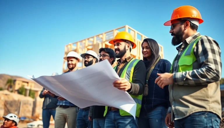 Contractors collaborating at a Southern California construction site, showcasing teamwork and progress.