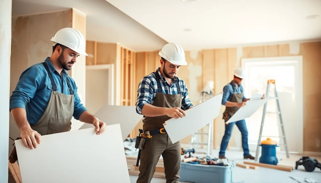 Skilled drywall contractors installing drywall sheets in a bright residential setting