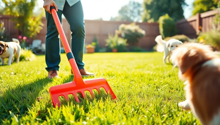 Clean up dog poop using a pooper scooper in a bright, inviting backyard.