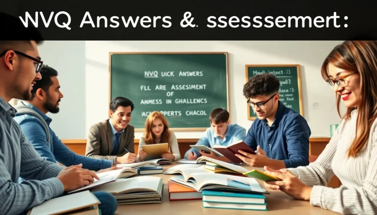 Engaging study scene illustrating NVQ Answers with diverse learners discussing assessment strategies.