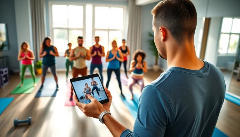 Engaged participants in an Online gym Training session led by a professional fitness trainer.