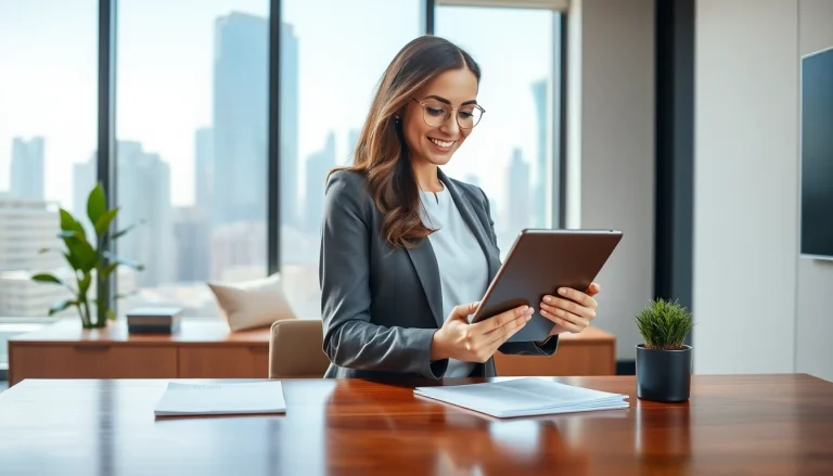 Highlight your virtual office address with a professional businesswoman in a modern office.