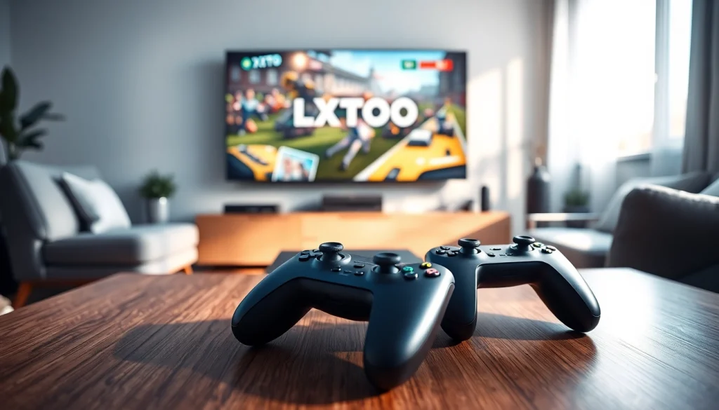 Menggambarkan pengaturan gaming modern LXTOTO di ruang tamu yang penuh energi.