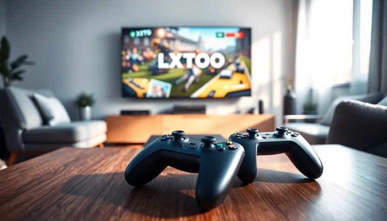 Menggambarkan pengaturan gaming modern LXTOTO di ruang tamu yang penuh energi.