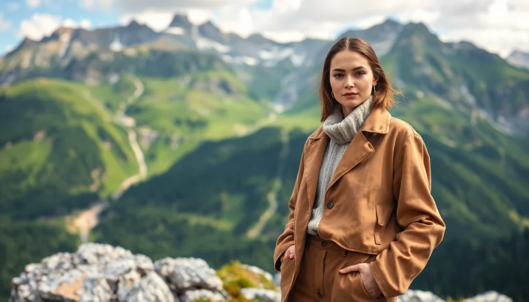 Model Schweiz posiert stilvoll in der Schweizer Berglandschaft.