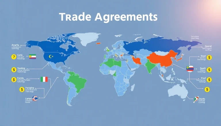 Visual infographic showcasing trade agreements globally, highlighting key countries involved.