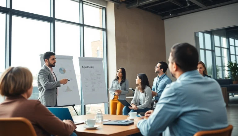 Engaged entrepreneurs in a business coaching service session, focusing on growth strategies and collaboration.
