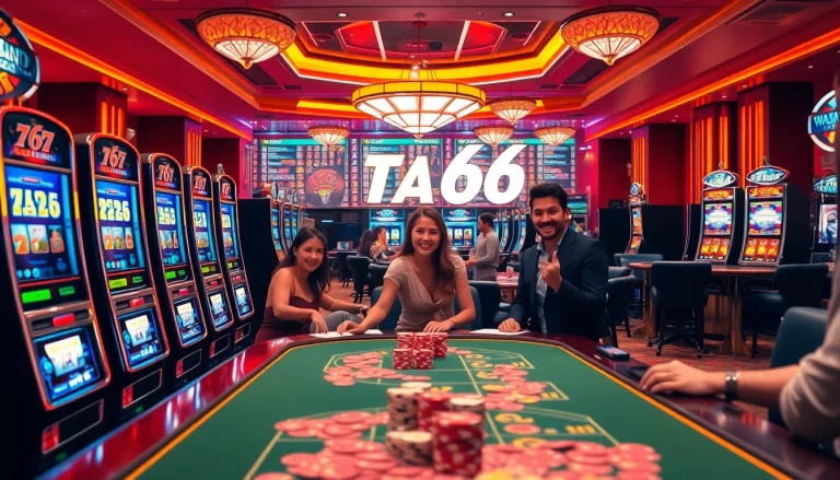 Exciting tab66 casino scene with vibrant gaming machines and players enjoying the atmosphere.