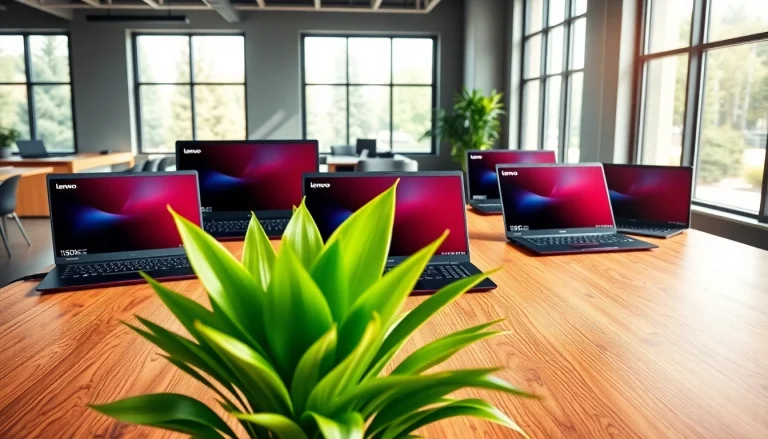 Examinar laptops Lenovo en un entorno de trabajo moderno y profesional.