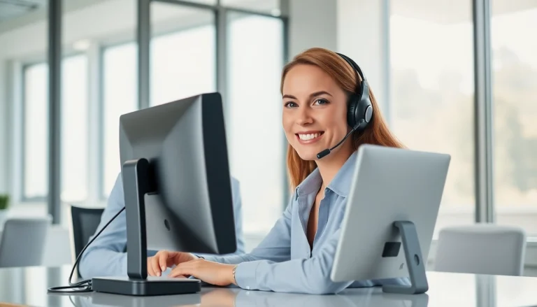 Engaging virtual answer service receptionist assisting clients with a welcoming smile.