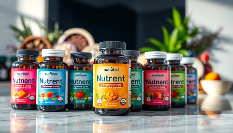 Nutrabio supplement bottles displayed prominently on a marble countertop, showcasing vibrant labels.