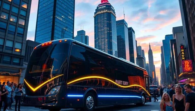 Party bus New York illuminated against the skyline, showcasing vibrant nightlife and excitement.