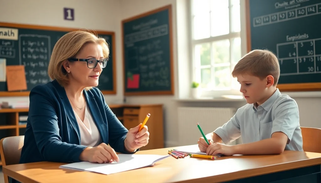 Engaged 11 plus tutor assisting a young student in a vibrant classroom setting.