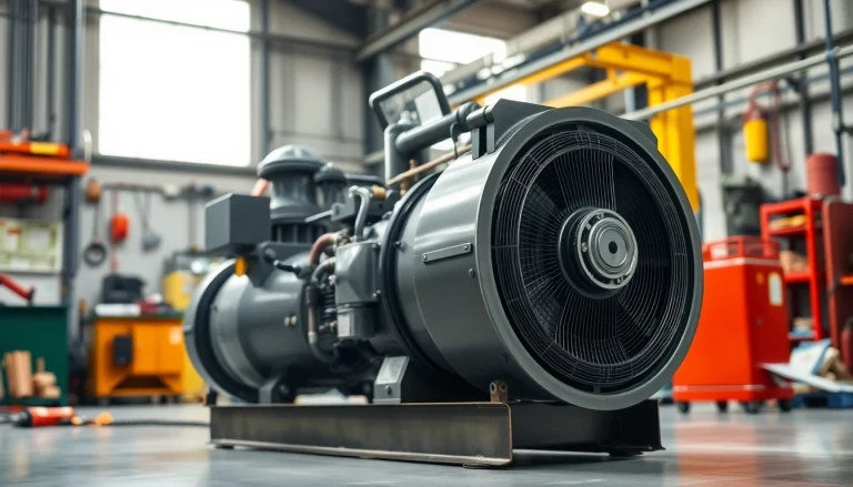 Showcase of industrial air compressor manufacturers featuring a rotary screw compressor in an engineering facility.
