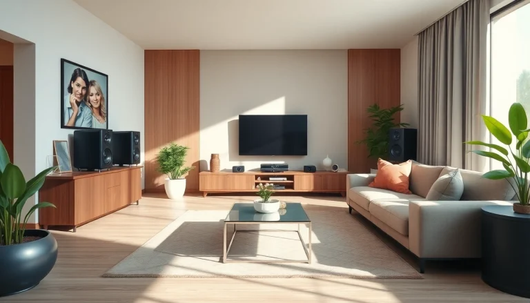 Explore home audio installation near me in a stylish living room setting with modern decor.