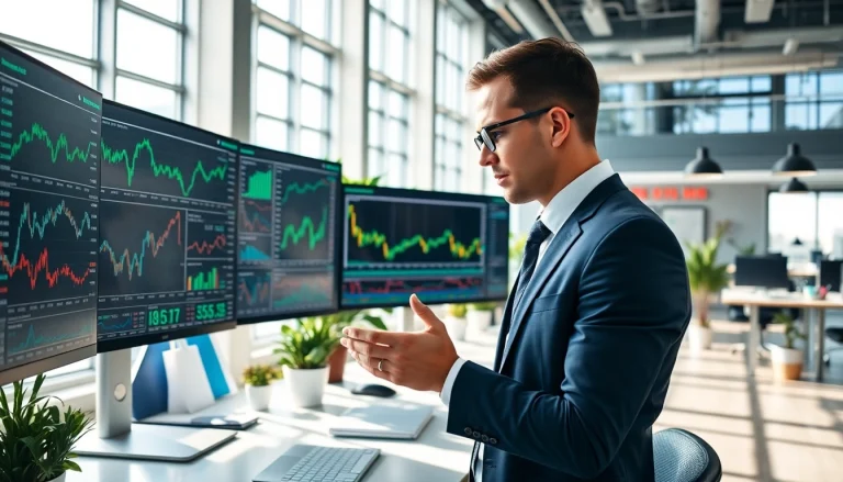 Stock picker examining market data on multiple screens in a modern office.
