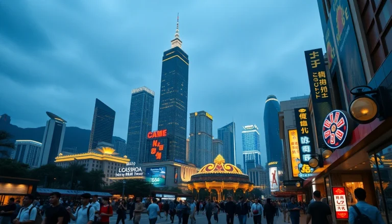 Analisa data Macau dengan latar belakang kota modern dan ramai yang menampilkan kehidupan sehari-hari.
