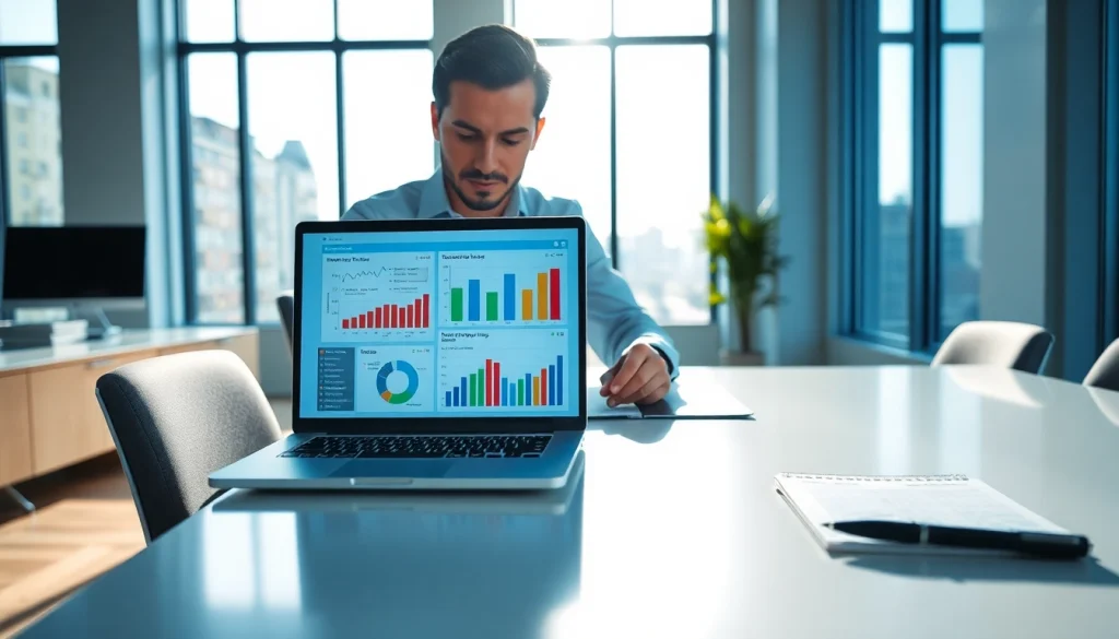Conducting a competitor pricing analysis with insights presented on a laptop in a modern office.