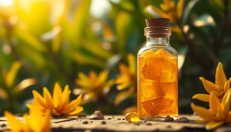 Myrrh resin showcased in a glass vial amidst lush greenery, highlighting its natural healing properties.